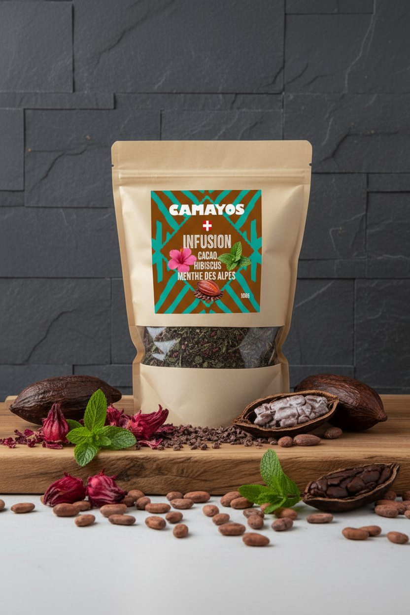 Sachet Infusion Cacao Hibiscus Menthe Camayos en situation