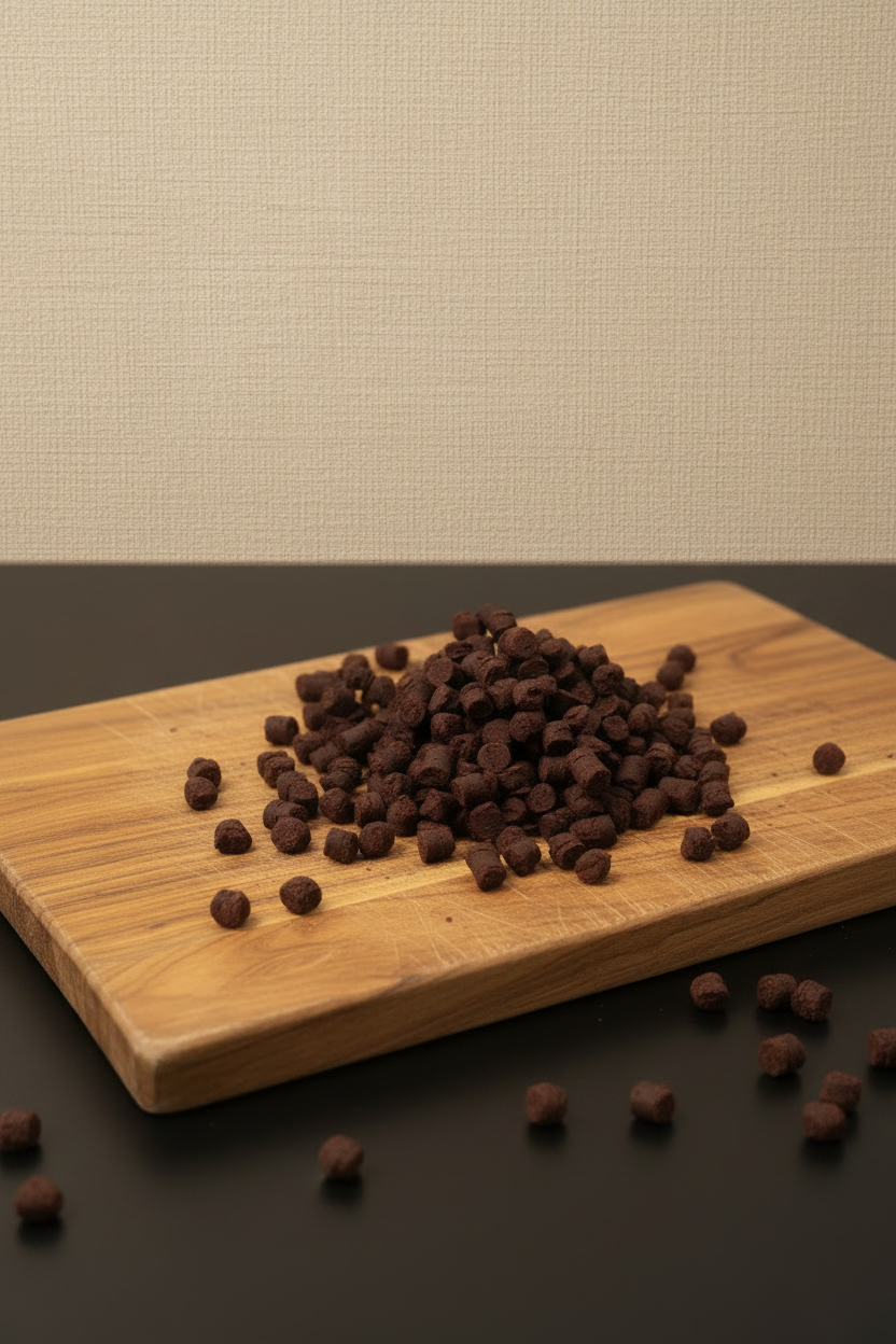 Pépites de chocolat noir Camayos 500g sur planche en bois, fond lin beige
